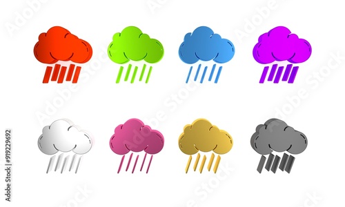 Colorful Cloud with rain icon isolated on white background. Rain cloud precipitation with rain drops. Minimalism concept. 3D render illustration