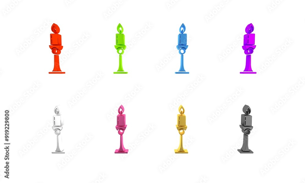 Colorful Burning candle in candlestick icon isolated on white background. Old fashioned lit candle. Cylindrical candle stick with burning flame. Minimalism concept. 3D render illustration Colorful Burning candle in candlestick icon isolated on white background. Old fashioned lit candle. Cylindrical candle stick with burning flame. Minimalism concept. 3D render illustration