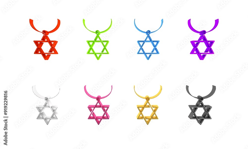 Obraz premium Colorful Star of David necklace on chain icon isolated on white background. Jewish religion symbol. Symbol of Israel. Jewellery and accessory. Minimalism concept. 3D render illustration