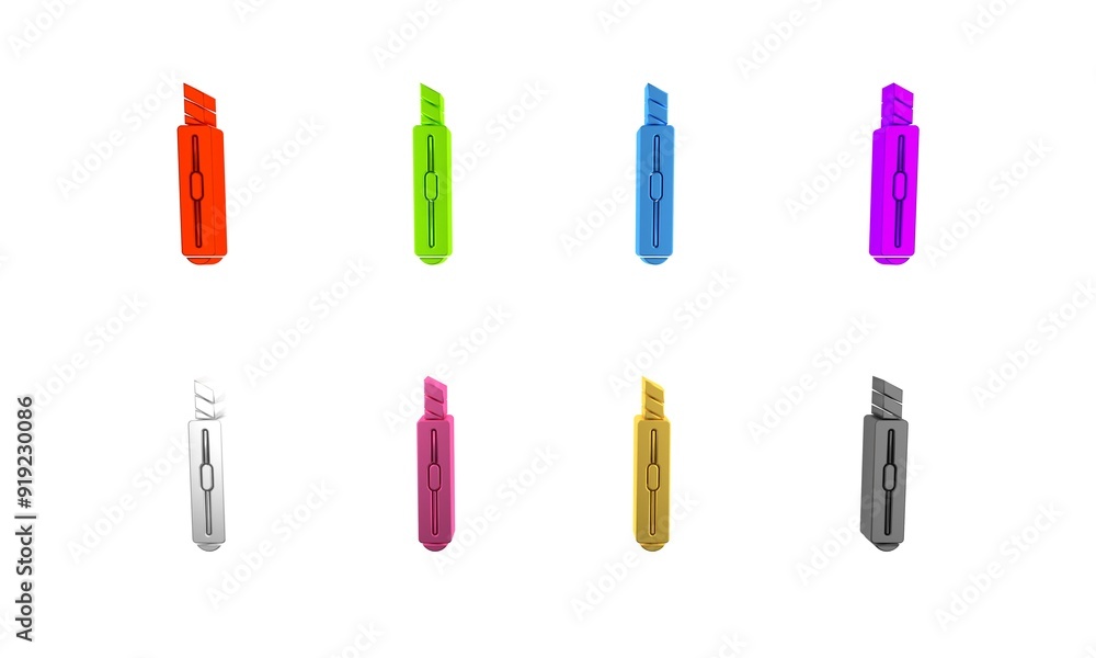 Colorful Stationery knife icon isolated on white background. Office paper cutter. Minimalism concept. 3D render illustration Colorful Stationery knife icon isolated on white background. Office paper cutter. Minimalism concept. 3D render illustration