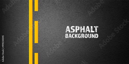 Asphalt road with yellow lane marking, concrete highway surface, texture. Street traffic line, road dividing strip. Pattern with grainy structure, grunge stone background. Vector illustration