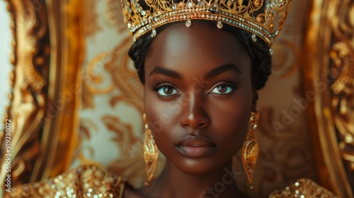 Elegant queen adorned in a golden crown seated on a lavish throne with ornate background