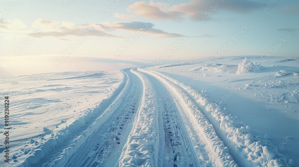 A snow covered road with a few tire tracks A snow covered road with a few tire tracks