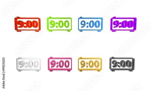 Colorful Digital alarm clock icon isolated on white background. Electronic watch alarm clock. Time icon. Minimalism concept. 3D render illustration