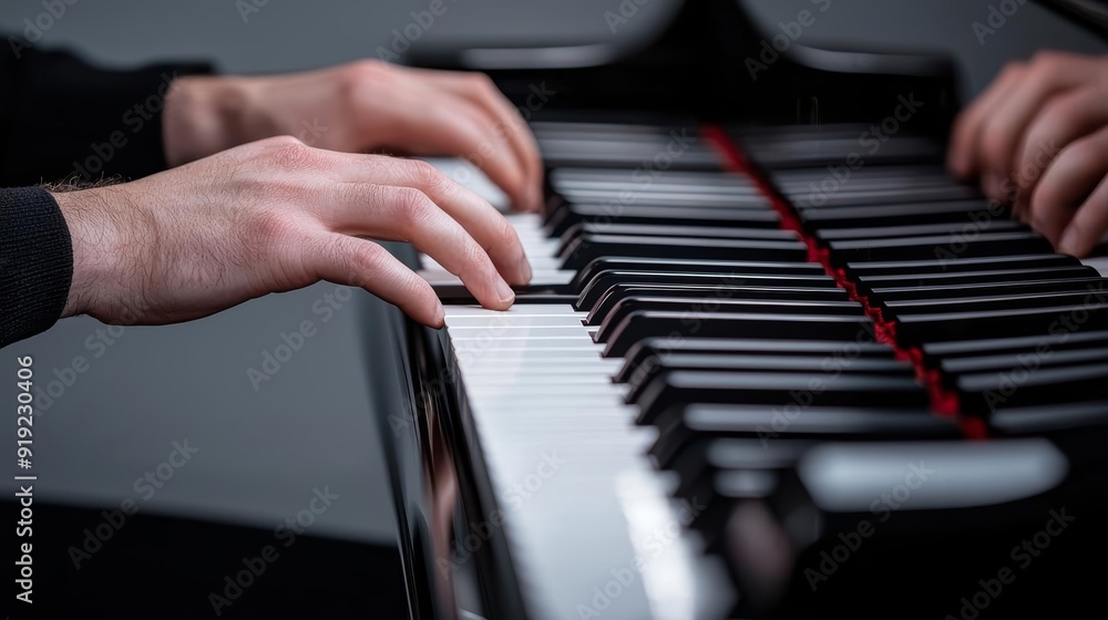 Obraz premium A close-up of a musician s hands playing a grand piano, with the glossy black and white keys reflecting the soft light of a dimly lit room