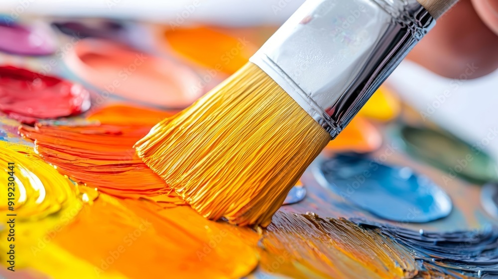 Fototapeta premium A close-up of a painter s brush mixing vibrant colors on a palette, with the textures of the paint and canvas visible in the background