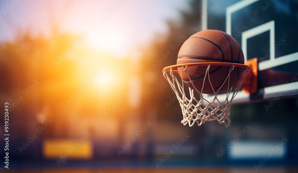A basketball in a net against a blurred sunlight background. The basketball is scoring a basket, having hit the rim. The scene is set in bright outdoor sunshine with a blurred background. A basketball in a net against a blurred sunlight background. The basketball is scoring a basket, having hit the rim. The scene is set in bright outdoor sunshine with a blurred background.