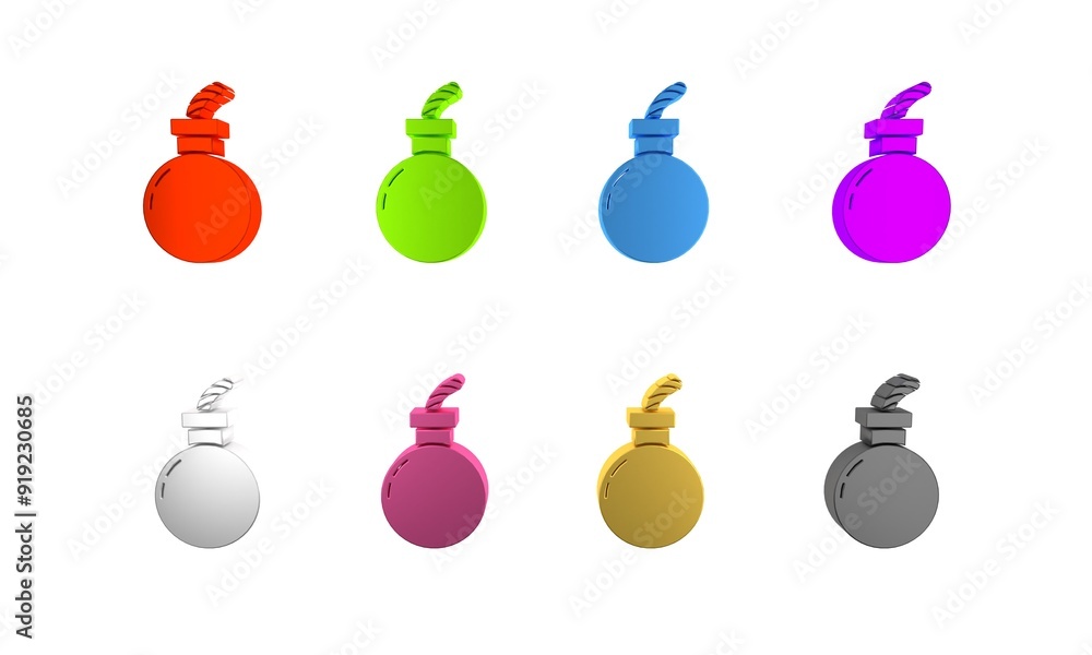 Colorful Bomb ready to explode icon isolated on white background. Happy Halloween party. Minimalism concept. 3D render illustration Colorful Bomb ready to explode icon isolated on white background. Happy Halloween party. Minimalism concept. 3D render illustration