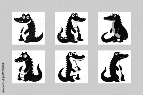 6 Crocodile Vector Illustrations. Color, Line Art, Silhouette, Logo, Icon.