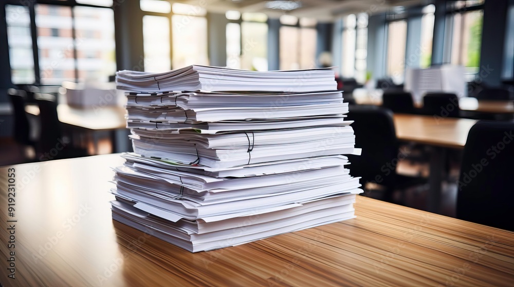 A stack of papers on a modern office desk, illustrating the busy workspace and paperwork management in a professional setting. A stack of papers on a modern office desk, illustrating the busy workspace and paperwork management in a professional setting.