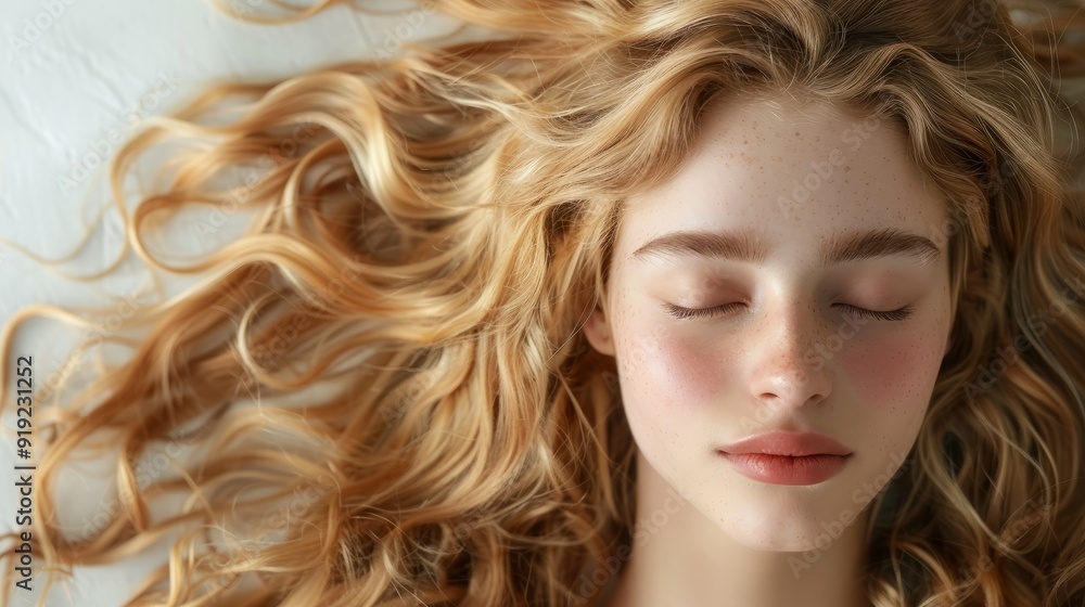 Young woman with flowing wavy hair lying peacefully on a light surface in natural light Young woman with flowing wavy hair lying peacefully on a light surface in natural light
