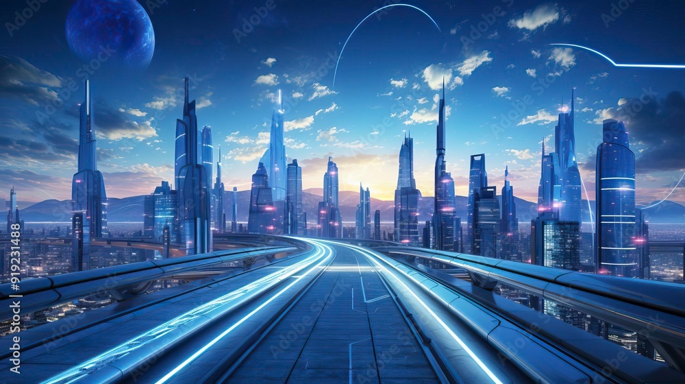 Fototapeta premium Futuristic city skyline with glowing skyscrapers and a sleek road under a twilight sky, evoking a sense of advanced technology.