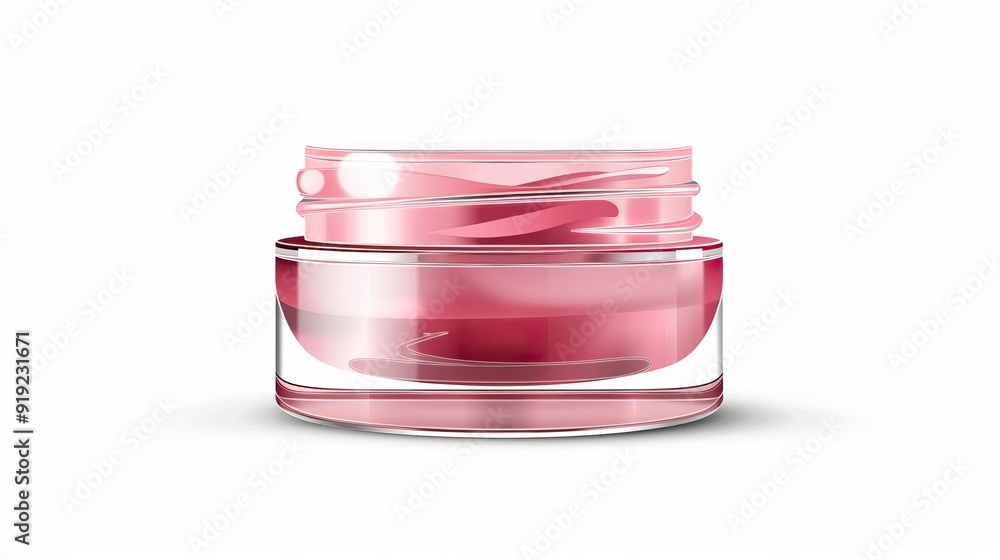 A clear glass jar filled with a soft pink cream, perfect for cosmetic and skincare product designs. A clear glass jar filled with a soft pink cream, perfect for cosmetic and skincare product designs.