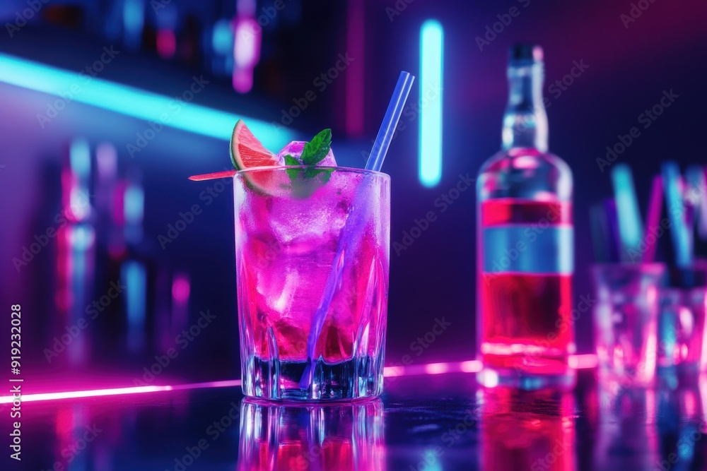 A neon-lit bar counter showcases a vibrant cocktail adorned with a liqueur bottle and fusion garnish, exuding a lively nightlife vibe. A neon-lit bar counter showcases a vibrant cocktail adorned with a liqueur bottle and fusion garnish, exuding a lively nightlife vibe.
