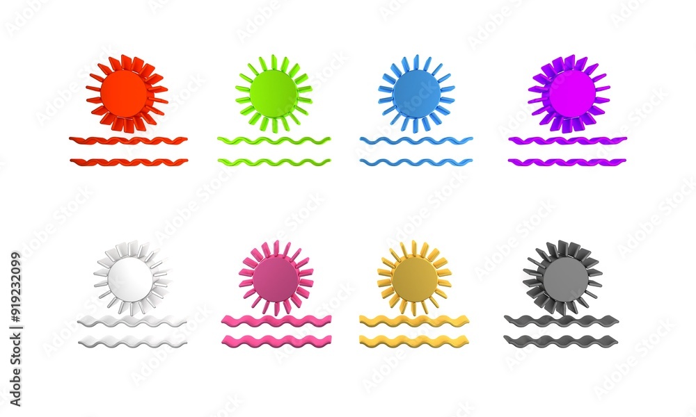 Colorful Sun and waves icon isolated on white background. Minimalism concept. 3D render illustration Colorful Sun and waves icon isolated on white background. Minimalism concept. 3D render illustration