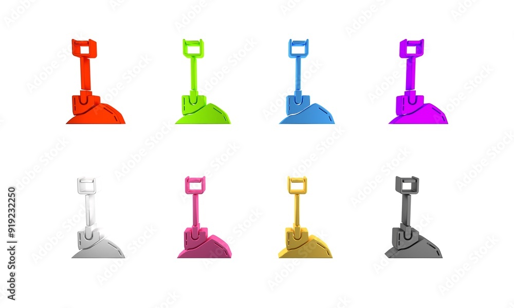 Colorful Shovel in the ground icon isolated on white background. Gardening tool. Tool for horticulture, agriculture, farming. Minimalism concept. 3D render illustration Colorful Shovel in the ground icon isolated on white background. Gardening tool. Tool for horticulture, agriculture, farming. Minimalism concept. 3D render illustration