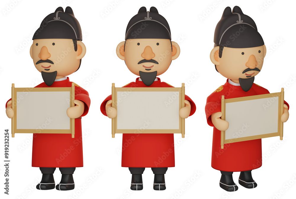 3D graphics of King Sejong character holding a scroll with both hands 3D graphics of King Sejong character holding a scroll with both hands