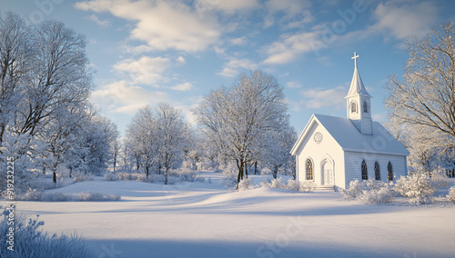 Serene 3D Render of White Church in Winter Landscape