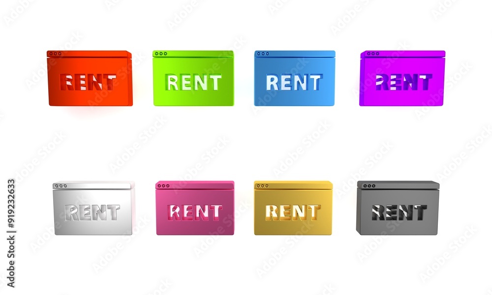 Colorful Hanging sign with text Online Rent icon isolated on white background. Signboard with text Rent. Minimalism concept. 3D render illustration Colorful Hanging sign with text Online Rent icon isolated on white background. Signboard with text Rent. Minimalism concept. 3D render illustration