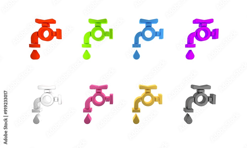 Colorful Water tap icon isolated on white background. Minimalism concept. 3D render illustration Colorful Water tap icon isolated on white background. Minimalism concept. 3D render illustration