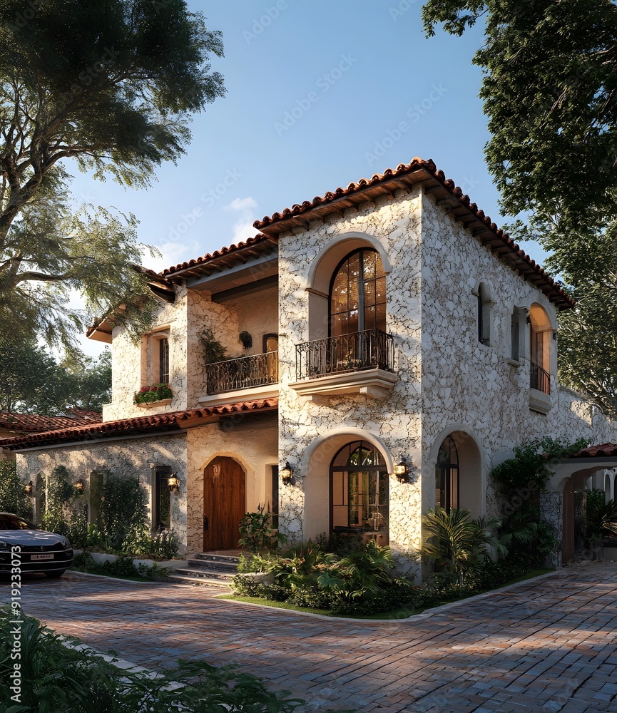 Stone Exterior of a Modern Spanish Style Home Stone Exterior of a Modern Spanish Style Home