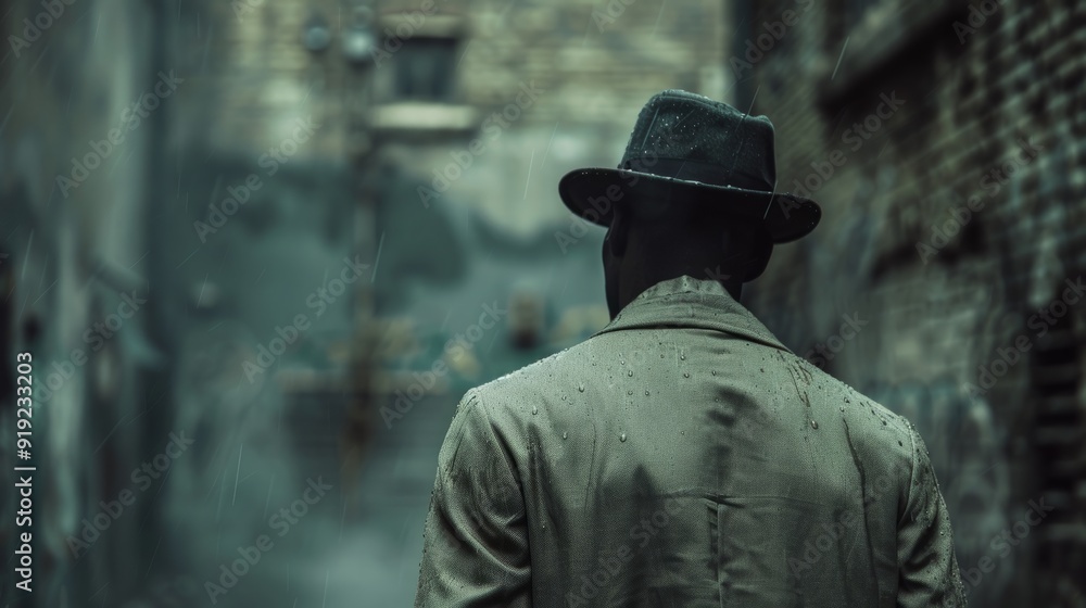 A mysterious figure walks through a foggy alley lined with brick walls in an urban setting A mysterious figure walks through a foggy alley lined with brick walls in an urban setting