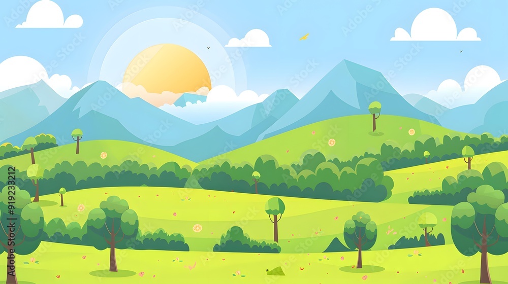 Cartoon Landscape Illustration with Mountains and Green Grass Cartoon Landscape Illustration with Mountains and Green Grass