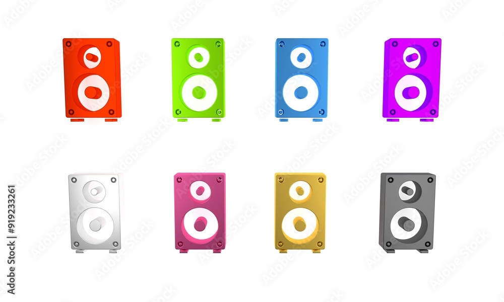 Colorful Stereo speaker icon isolated on white background. Sound system speakers. Music icon. Musical column speaker bass equipment. Minimalism concept. 3D render illustration Colorful Stereo speaker icon isolated on white background. Sound system speakers. Music icon. Musical column speaker bass equipment. Minimalism concept. 3D render illustration