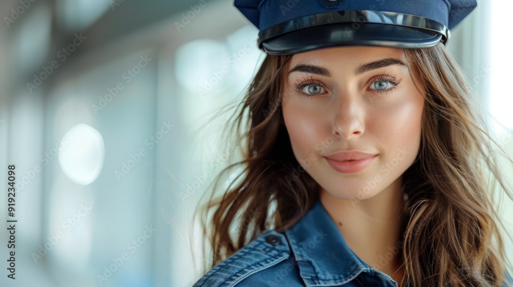 Young woman wearing a police cap smiles confidently in a bright urban setting Young woman wearing a police cap smiles confidently in a bright urban setting