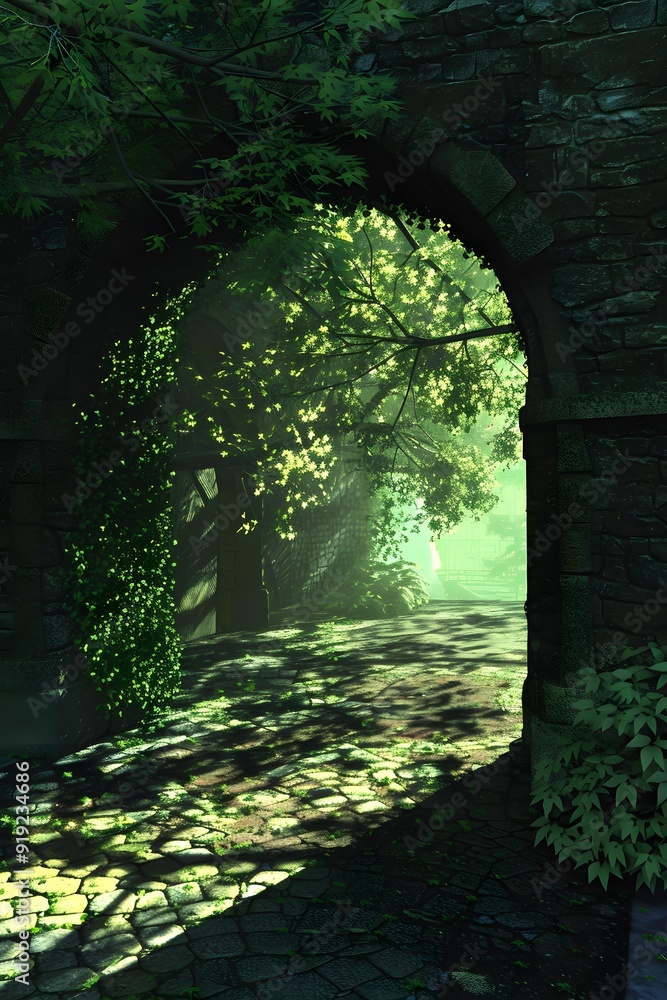 Obraz premium Stone Archway Leading to a Lush Green Forest