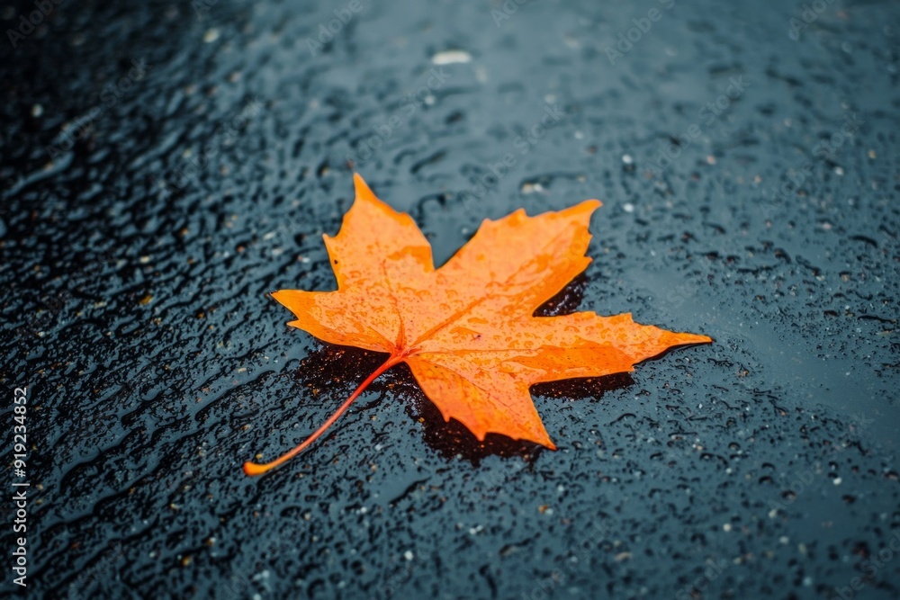 A bright orange autumn leaf on a dark asphalt road after rain. A bright orange autumn leaf on a dark asphalt road after rain.