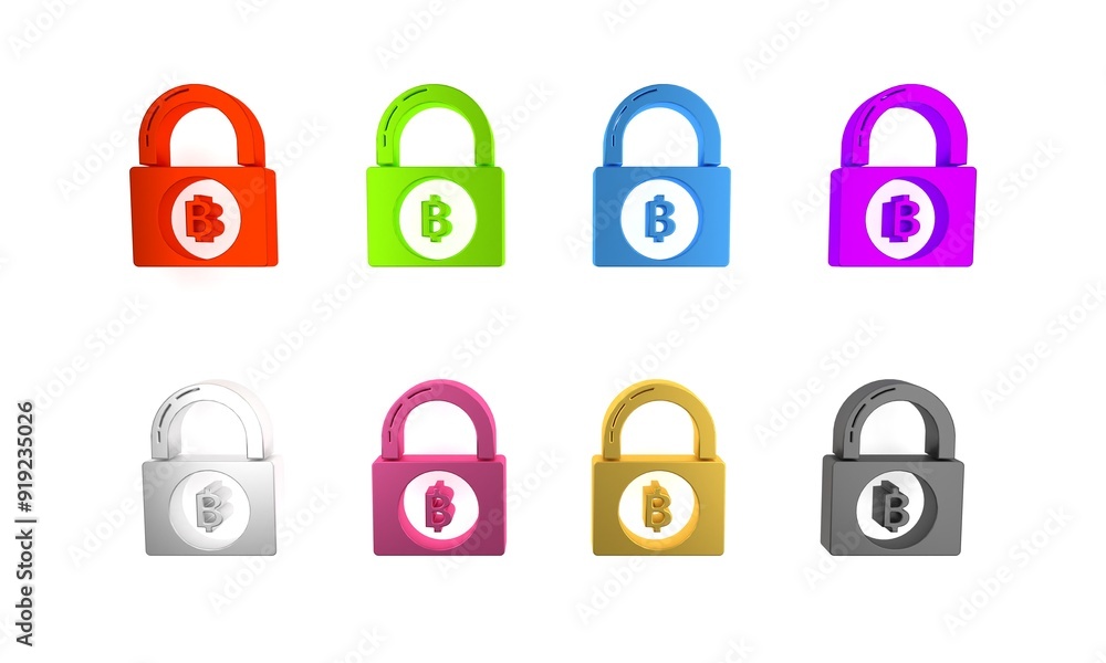 Colorful Lock with bitcoin icon isolated on white background. Cryptocurrency mining, blockchain technology, security, protect, digital money. Minimalism concept. 3D render illustration Colorful Lock with bitcoin icon isolated on white background. Cryptocurrency mining, blockchain technology, security, protect, digital money. Minimalism concept. 3D render illustration