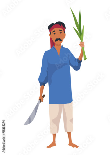 Indian farmer. India village cheering character working or bangladesh people. Village rural character worker. Rural business and village concept. Vector illustration