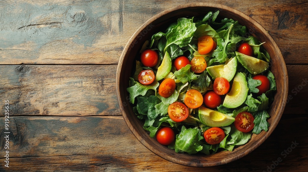 Fresh Salad with Avocado, Cherry Tomatoes, and Greens in Wooden Bowl Fresh Salad with Avocado, Cherry Tomatoes, and Greens in Wooden Bowl