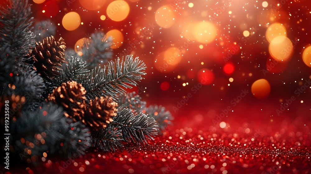Christmas-themed frame with fir branches, golden sparkles, and blurred bokeh lights on a red background, creating a cozy holiday atmosphere. Christmas-themed frame with fir branches, golden sparkles, and blurred bokeh lights on a red background, creating a cozy holiday atmosphere.