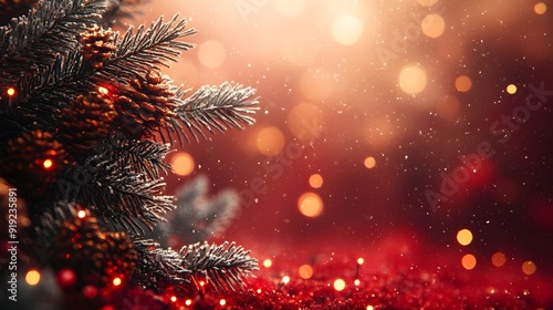 Wallpaper Mural Festive border design featuring fir branches and golden confetti, with warm bokeh lights on a deep red background, ideal for holiday promotions. Torontodigital.ca