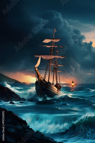Epic Ship Adventure: Sailing into a Stormy Sea with Lighthouse Guidance