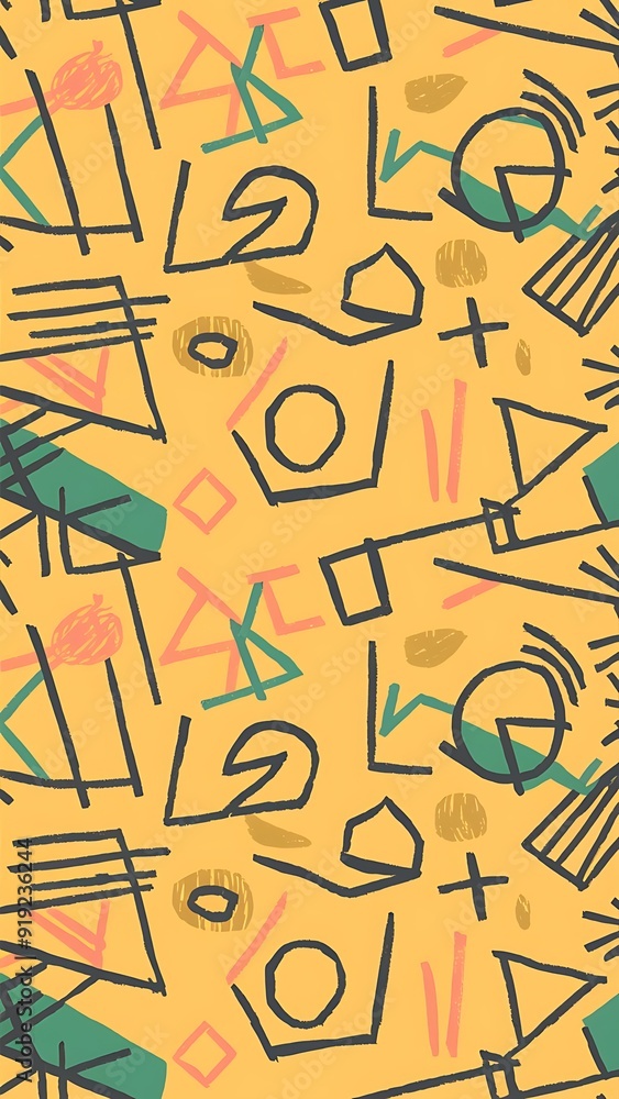 Fototapeta premium Children's cartoon abstract minimalist backdrop doodle drawing pattern with lines and geometric shapes. Fun, trendy colorful simple background, wallpaper texture design for kids