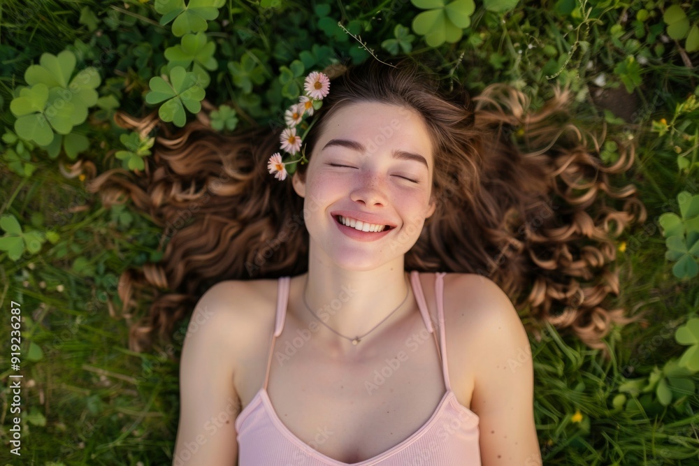 portrait of attractive woman lying on grass with flowers, concept of love and self-care portrait of attractive woman lying on grass with flowers, concept of love and self-care