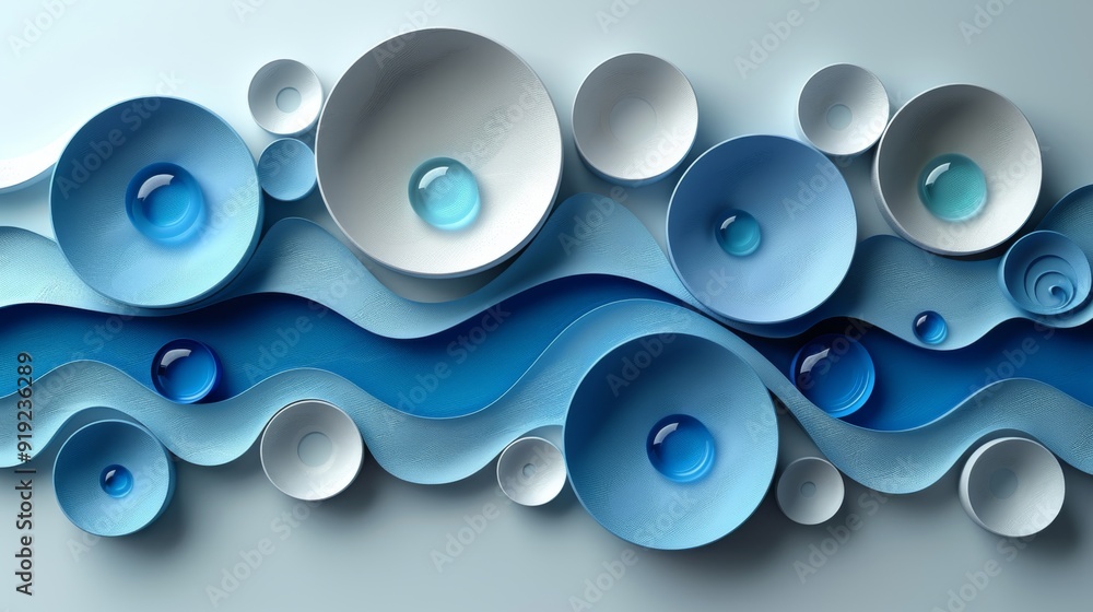 Abstract Blue and White Paper Art with Spherical Elements Abstract Blue and White Paper Art with Spherical Elements