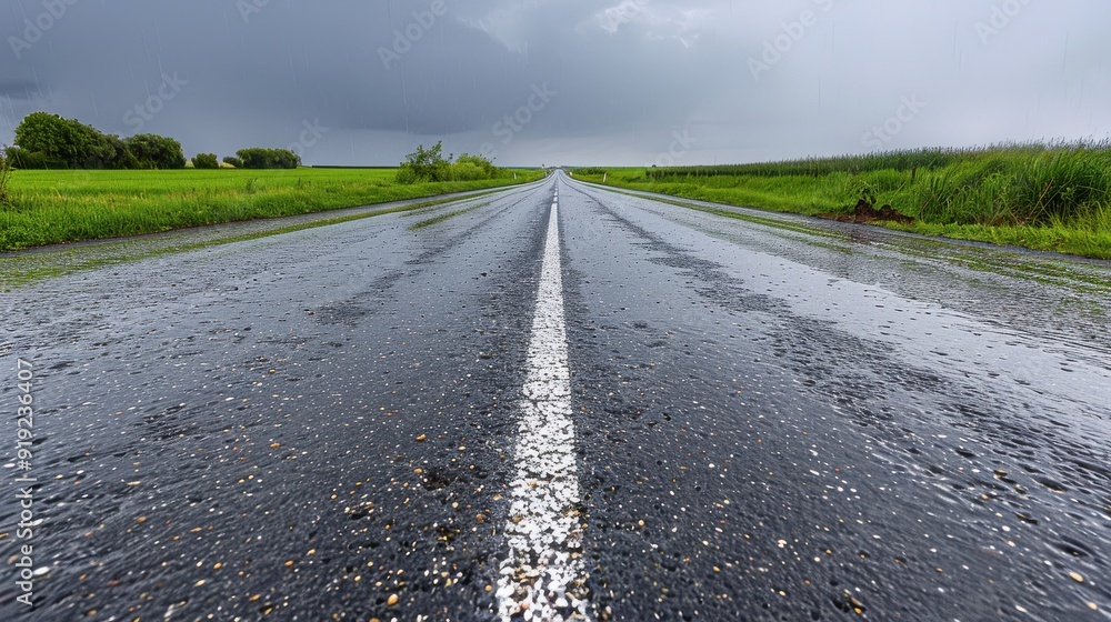 Tranquil Rural Road Vanishing in Rainfall Mist - Peaceful Countryside Scene with Rainy Day Drive Ahead Tranquil Rural Road Vanishing in Rainfall Mist - Peaceful Countryside Scene with Rainy Day Drive Ahead