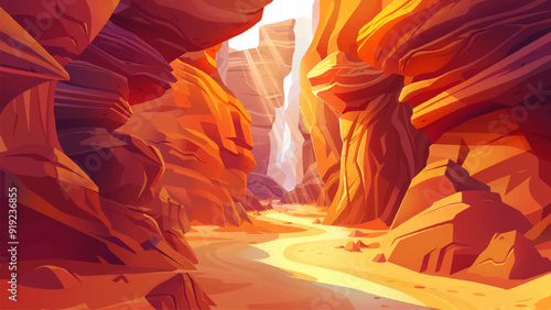 Spiritual Corridors of Ancient Antelope Canyon Cartoon Illustration Majestic Rock Formations Spiritual Pathways Narrow Corridors Vibrant Desert Colors