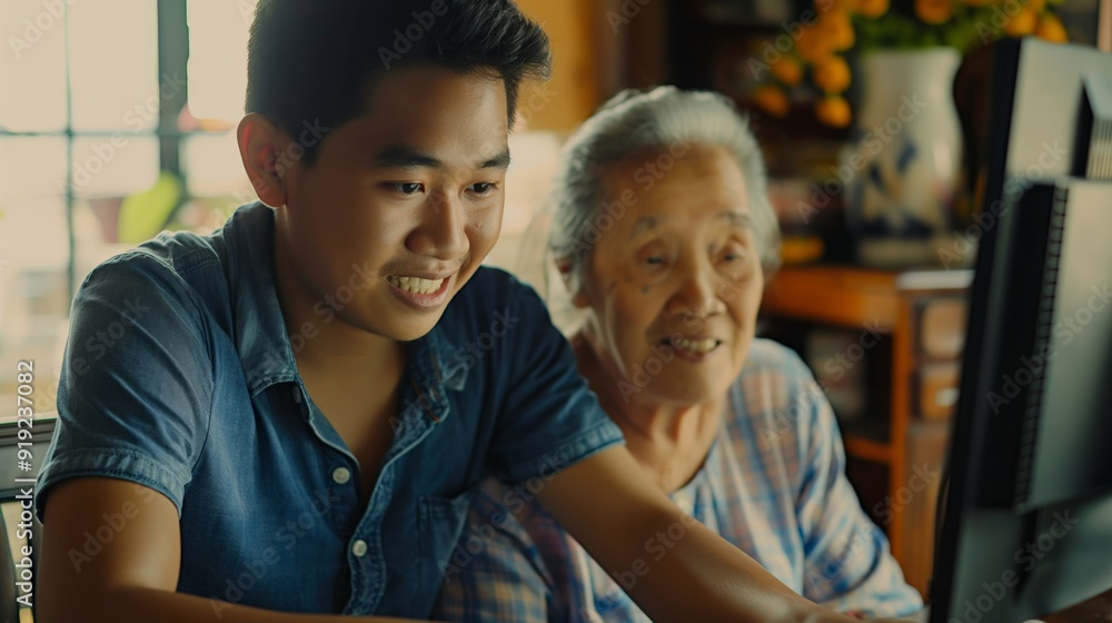 Obraz premium Grandson Teaching Elderly Grandmother How to Use a Computer at Home