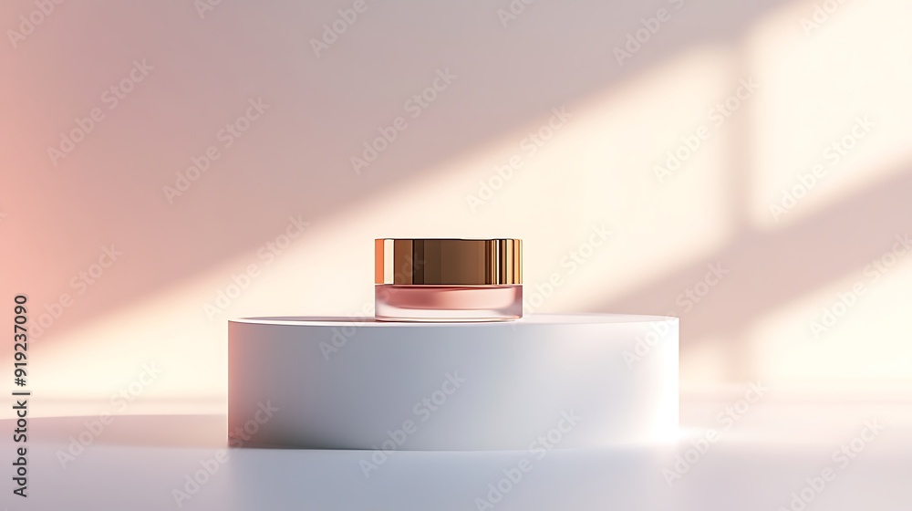 Golden Cream Jar on White Platform with Soft Light Golden Cream Jar on White Platform with Soft Light