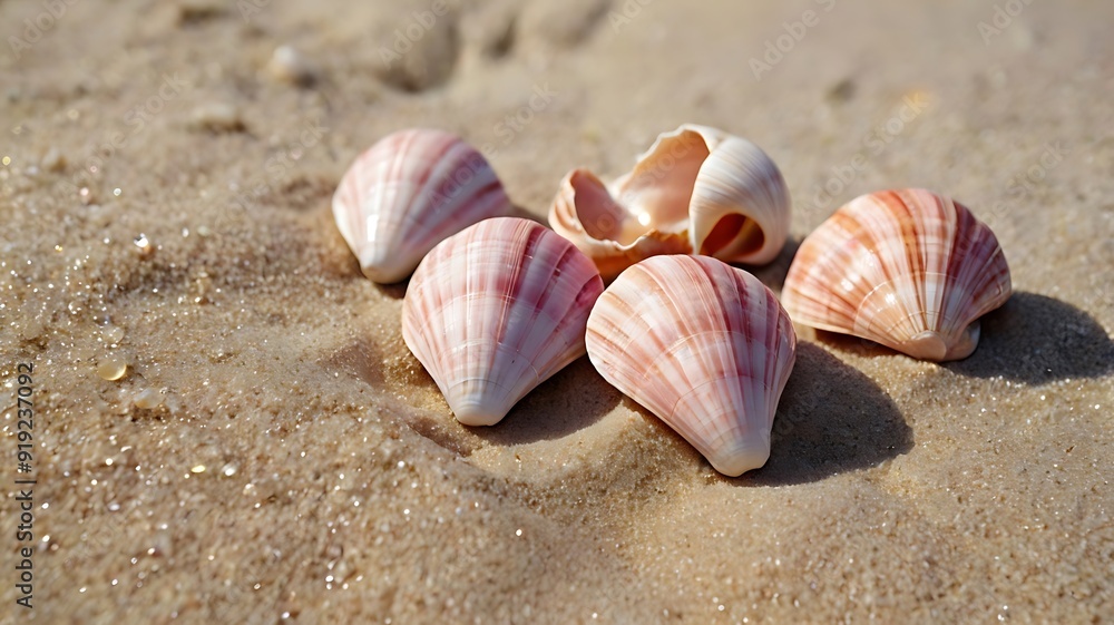 Unique pink seashells by the sea, sea shells view on sands of beach, seaside shores Unique pink seashells by the sea, sea shells view on sands of beach, seaside shores