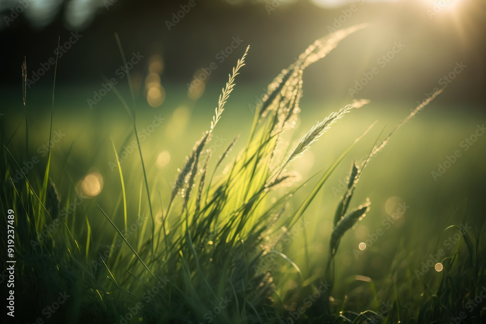 Obraz premium Green grass with dew drops . Summer meadow close-up. Morning sun and fog. Generative Ai