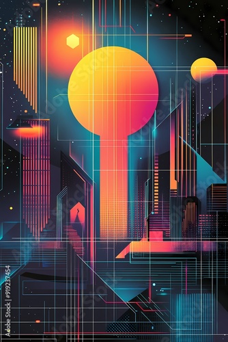 Wallpaper Mural Futuristic city skyline with glowing neon lights and geometric shapes. Torontodigital.ca