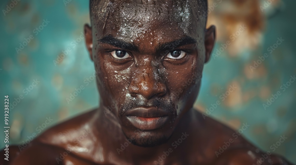 Intense close-up of a focused athlete after an intense training session under industrial lighting Intense close-up of a focused athlete after an intense training session under industrial lighting