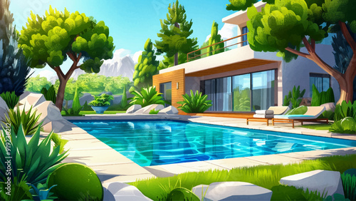 Swimming Pool Outside Modern Cottage Cartoon Illustration Luxurious House Outdoor Area Clear Blue Water Relaxation Summer Scene Elegant Architecture Backyard Leisure Activity