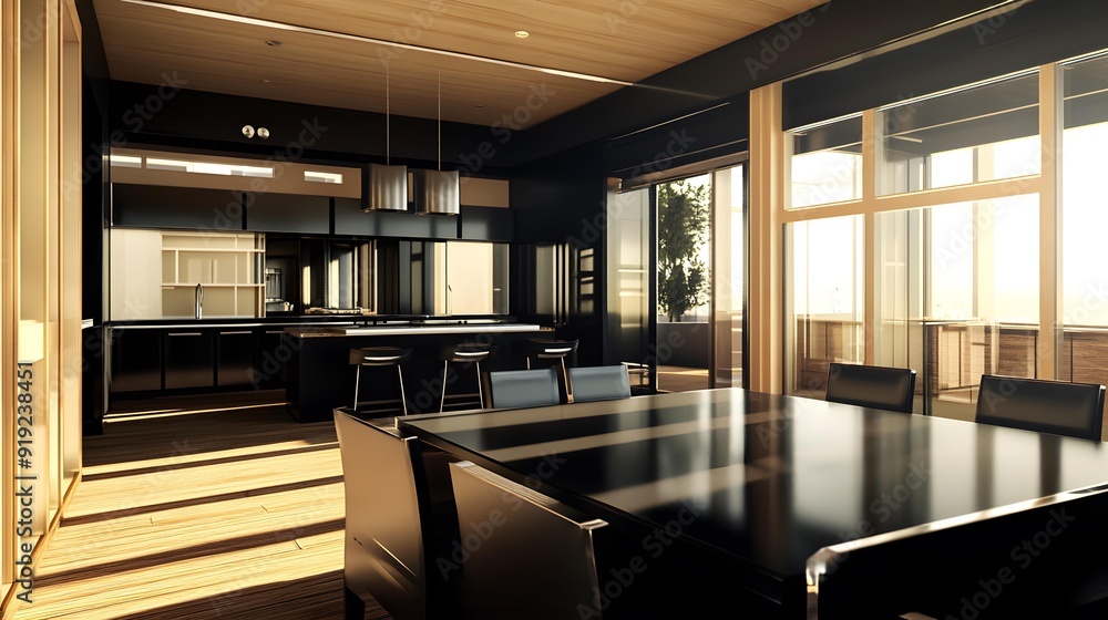 Modern Kitchen and Dining Room with Large Windows Modern Kitchen and Dining Room with Large Windows